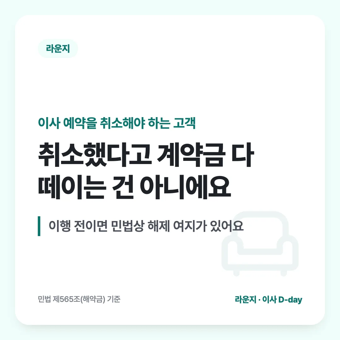 이사 예약을 취소해야 하는 고객 — 취소했다고 계약금 다 떼이는 건 아니에요. 이행 전이면 민법상 해제 여지가 있어요